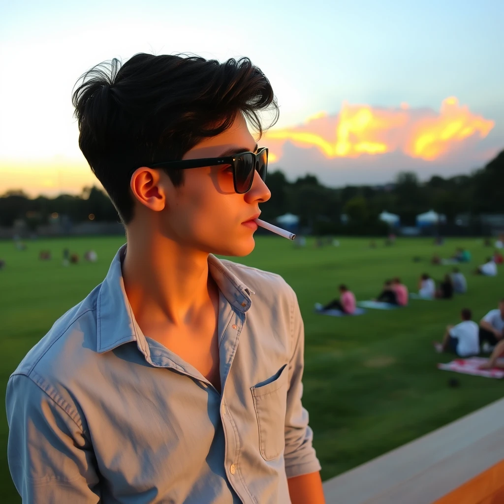 A young man, wearing a light blue denim shirt, stood by a large lawn. He wore a pair of black-framed sunglasses and had a slender build, about 1.75 meters tall and weighing 80 kilograms. He was leaning sideways with a cigarette in one hand, as if he was deep in thought about something. In the background is a sunset like a burning cloud, and many people can be seen sitting in twos and threes on the lawn. The whole atmosphere of the picture is very relaxing and leisurely.