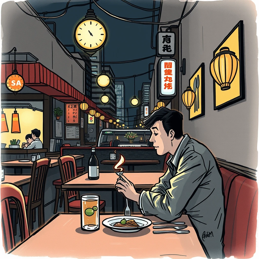 "At 2 AM, a salaried worker is dining in a restaurant, ink-style."