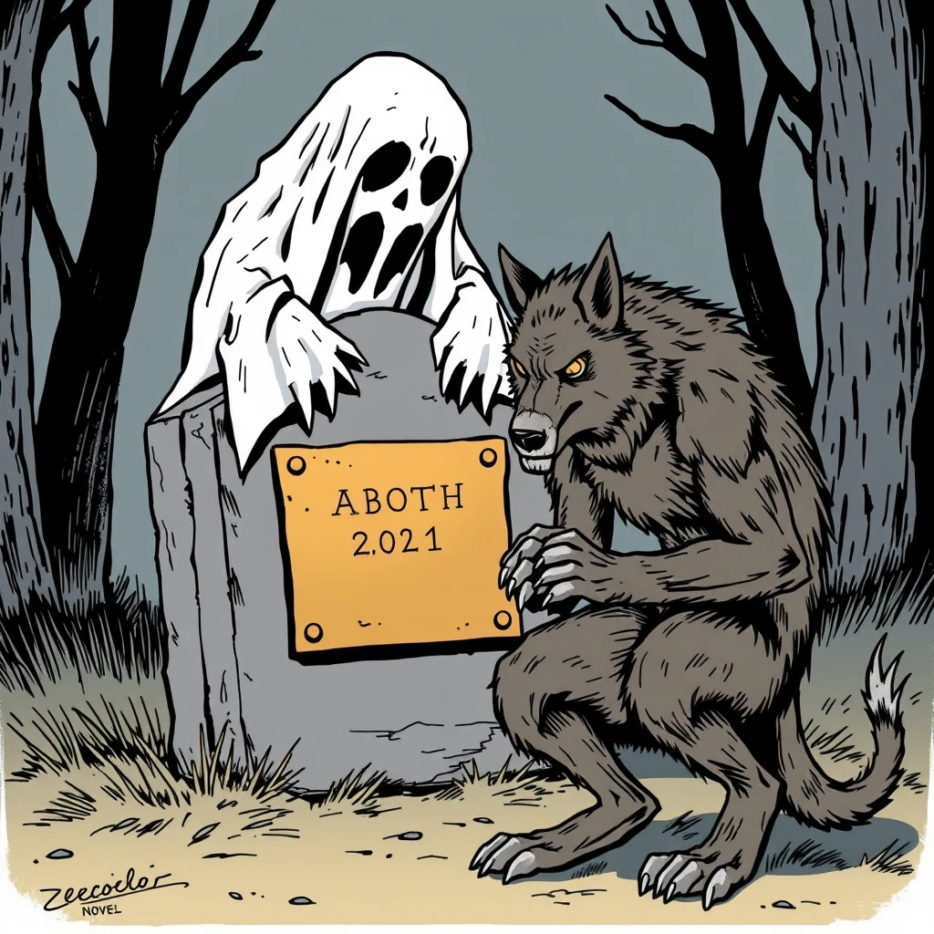 Graphic Novel: A ghost on its gravestone with a brass plaque, in front of it a bent werewolf folding its hands.