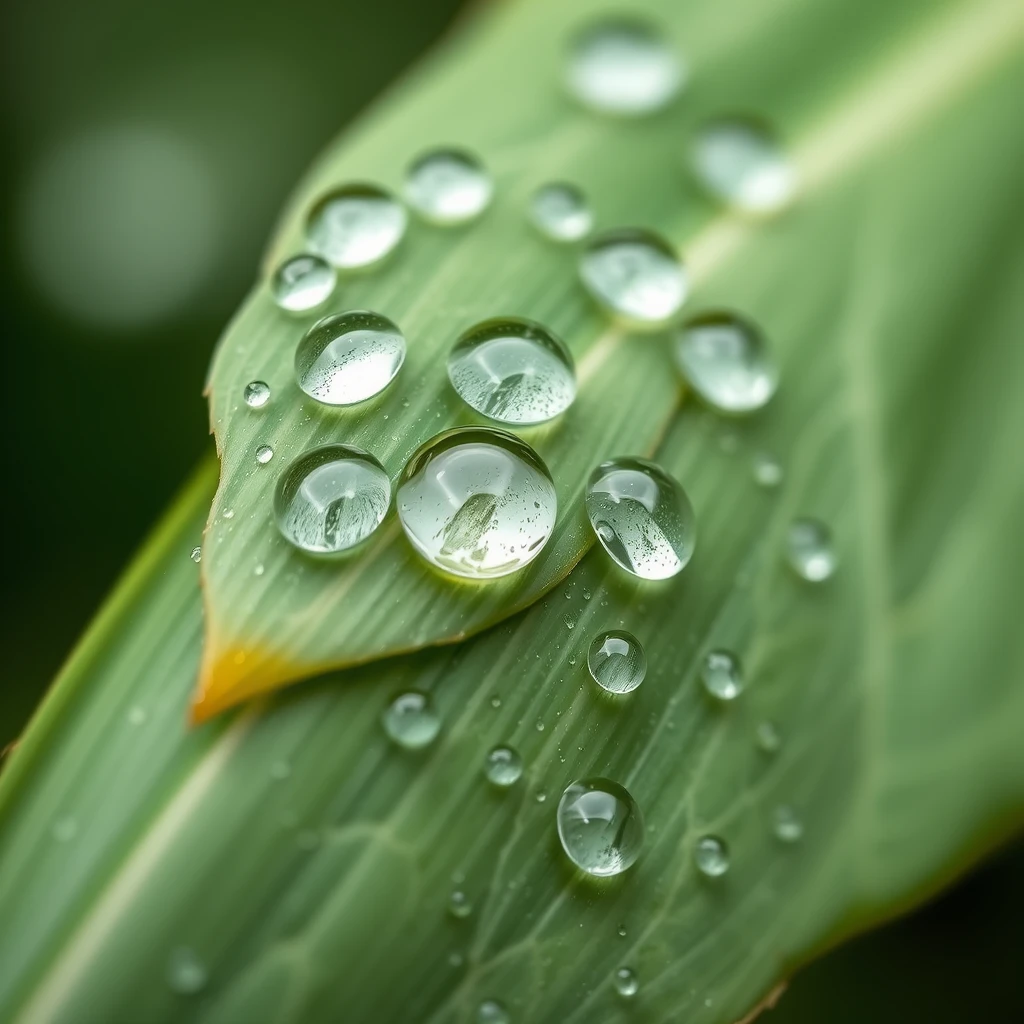 Water droplets on soy leaf, macro photography, detailed, high resolution, professional. - Image