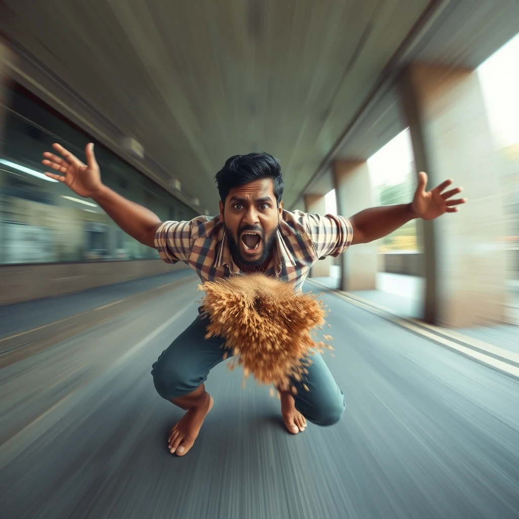 Indian man flying away at high speed 20m high, squat pose, farting a high-pressure stream of brown liquid, low-quality CCTV footage, angry screaming at the camera, bulging eyes, front view, radial blur. - Image