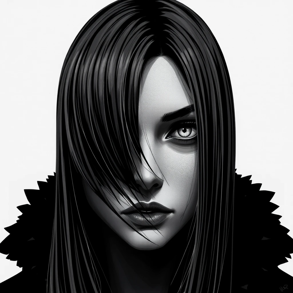 Blind Justice female face, side face, Straight hair, black and white color, white eye’s cover