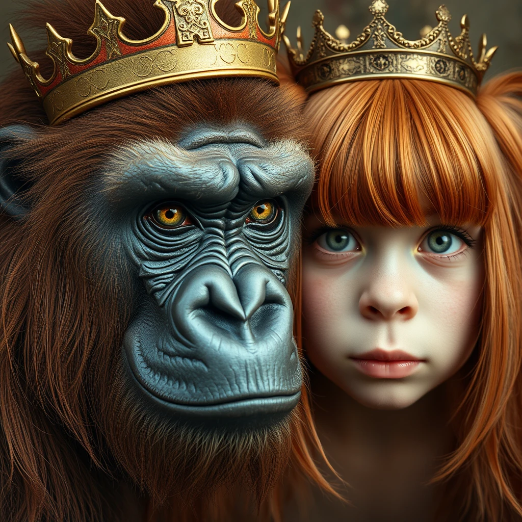 king fierce gorilla next to a cute ginger russian green eyed bangs hair teenage queen round face small nose vintage style