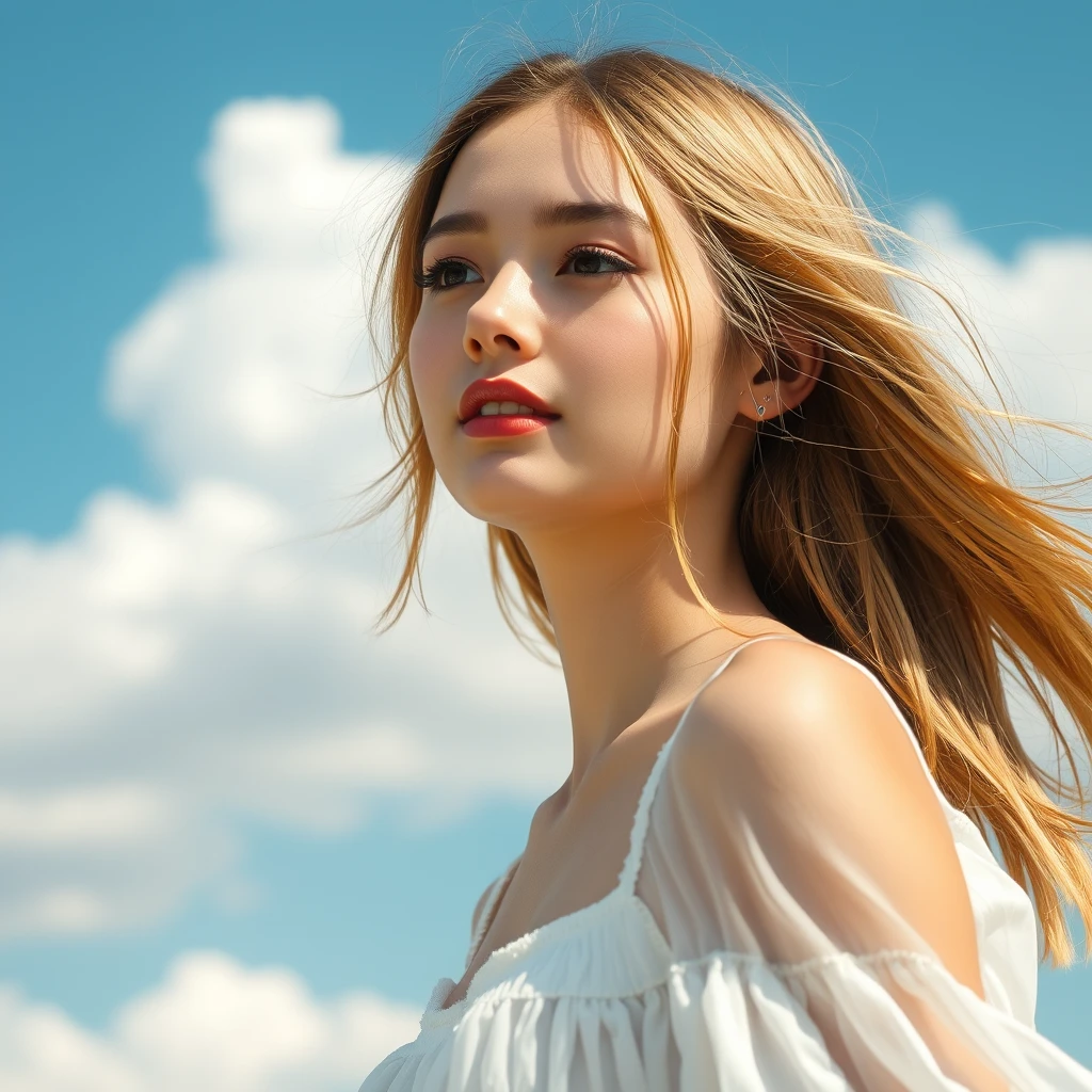 A serene, blissful scene of a young woman in a white dress. The scene feels real and unpolished, informal. The subject has natural beauty, authentic imperfections; counter to the plastic surgery so often seen. A few strands of light blonde frame the sides of her eyes. The fluffy clouds decorate the clear blue sky. The breeze teases the hem of her skirt. - Image