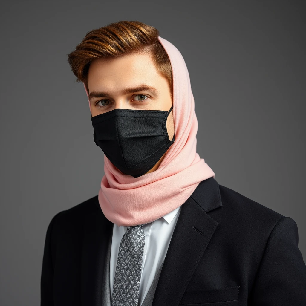 Jamie Dornan's head and body shot, handsome, young, shy smile, white shirt half buttoned, grey patterned tie, black coat suit, dating love with the biggest soft pink hijab girl, beautiful eyes, face mask black, biggest floral juba, hyper-realistic, studio photography, full photo.