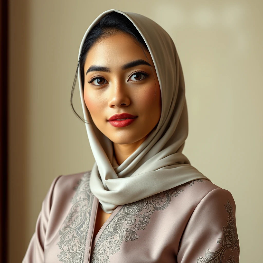 "Create an image of a beautiful Indonesian woman with fair skin. She should be portrayed in an elegant and tasteful manner, reflecting both beauty and confidence. Her attire should be stylish and sophisticated, highlighting her grace and poise. Ensure that the image is respectful and artistic, with a focus on showcasing her features and attire in a refined way. 8K HD"