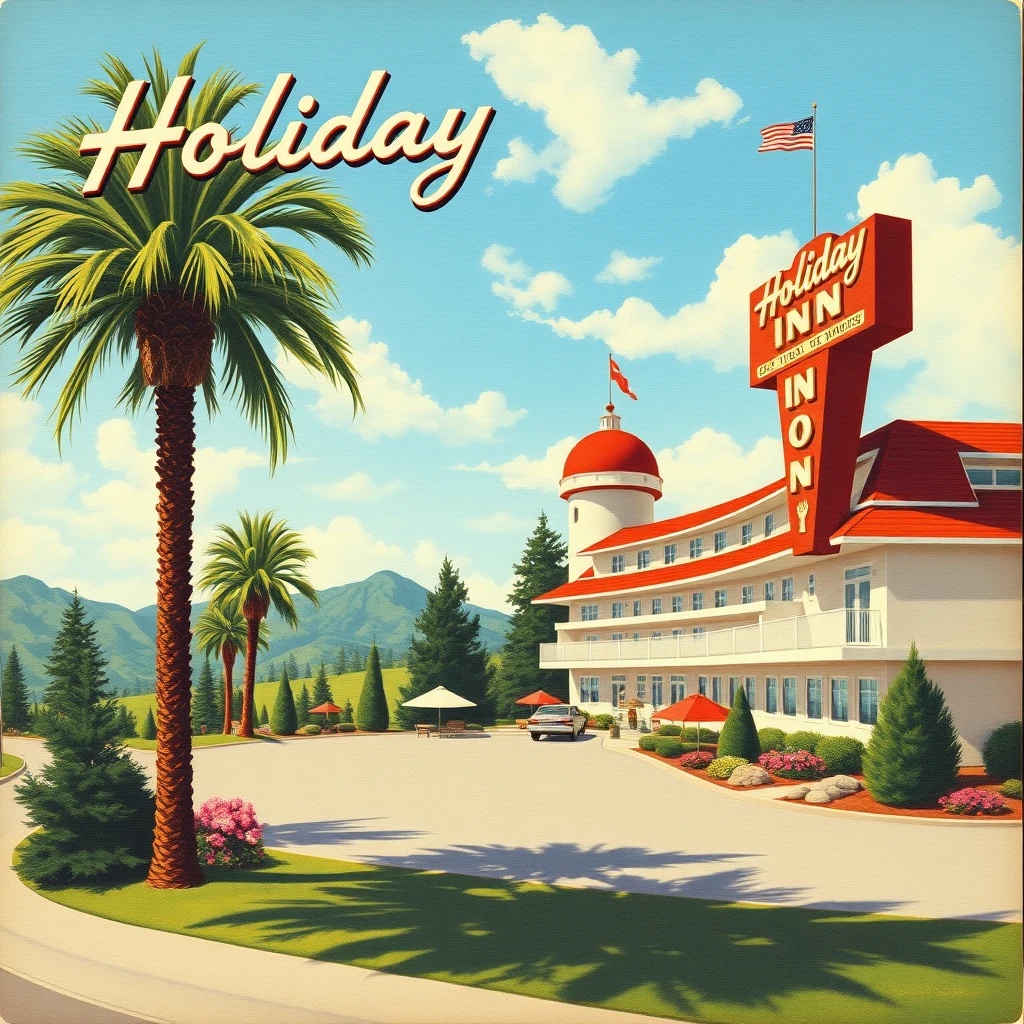 A Holiday Inn postcard from 1956, as painted by Arthur Sarnoff, wide, landscape view. - Image