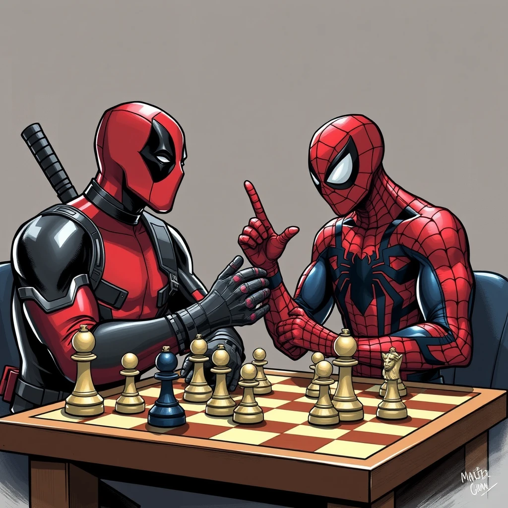 Deadpool and Spiderman playing chess. - Image