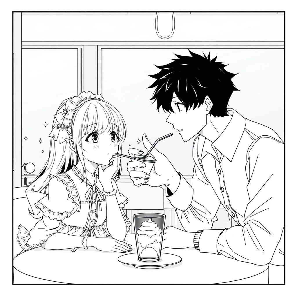 The boy was feeding the girl ice cream, and the girl was wearing a Lolita dress, resting her cheeks on her hands on the table. The boy is tall and handsome. Anime lineart.