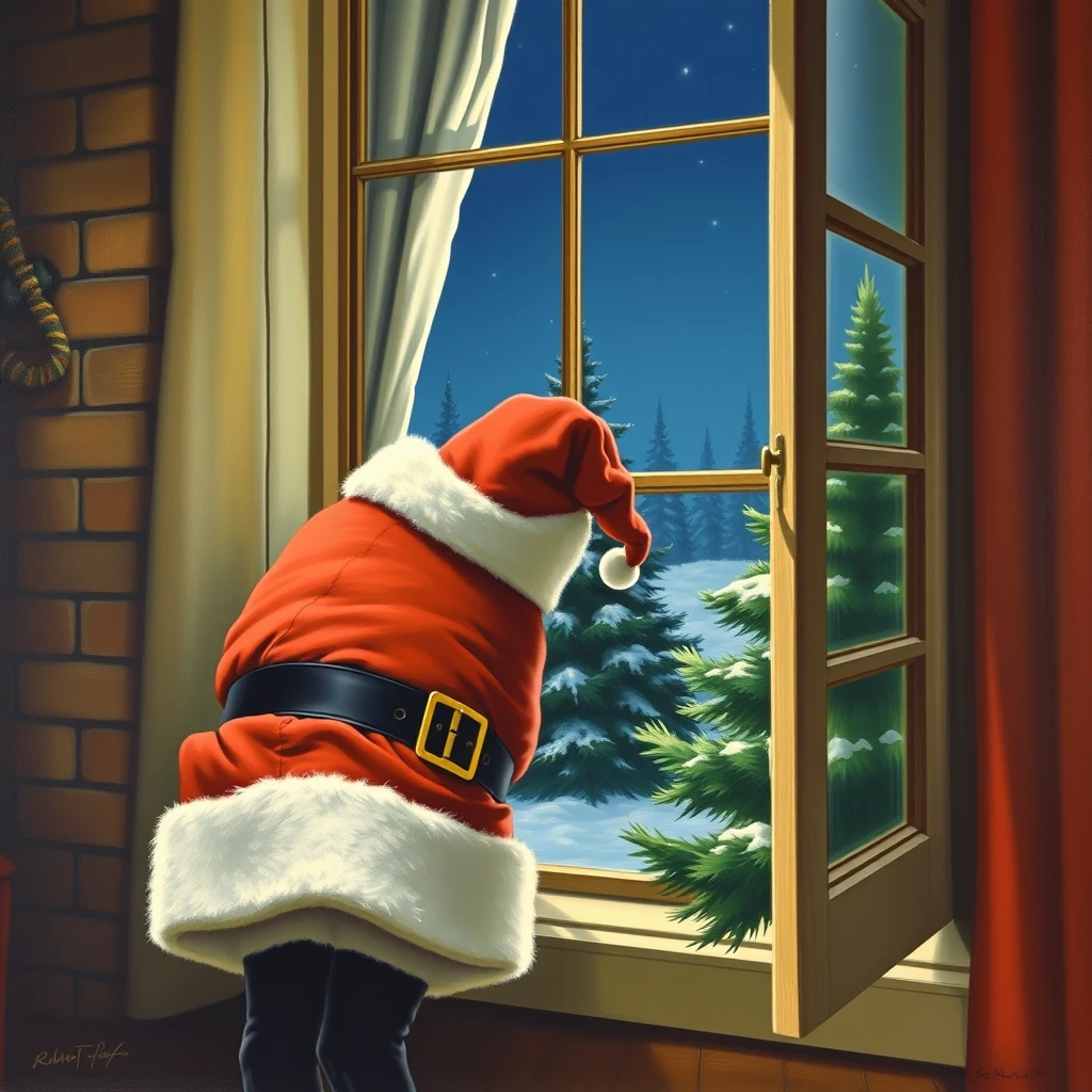 Santa is backing his butt into a partially opened window, a painting by Arthur Sarnoff 1952.