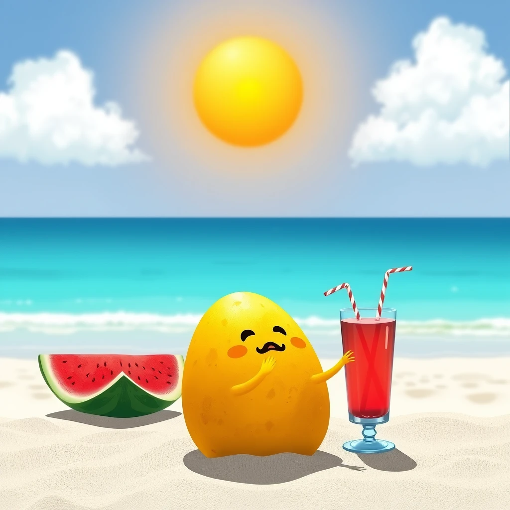 A potato having sun at the beach while eating some watermelon and drinking. - Image