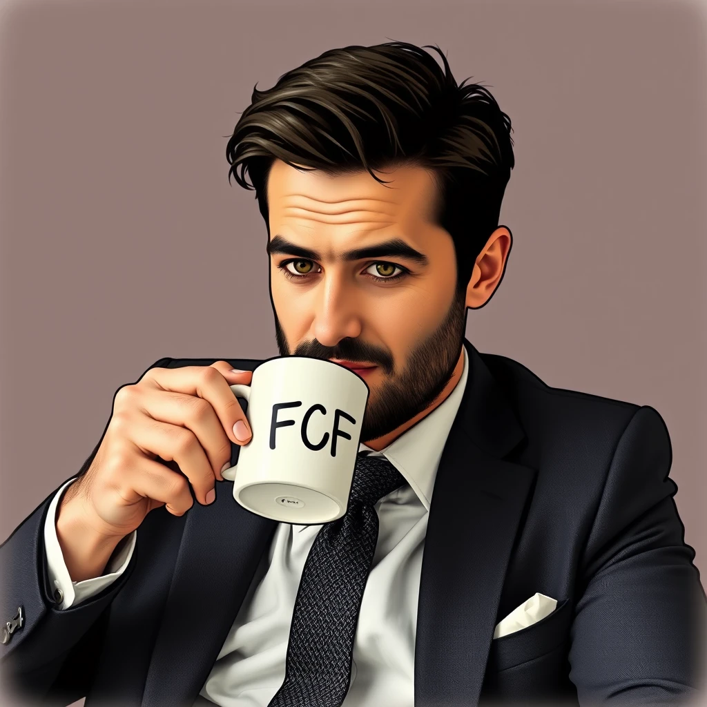 Man in suit having coffee. Mug says “FCF”.