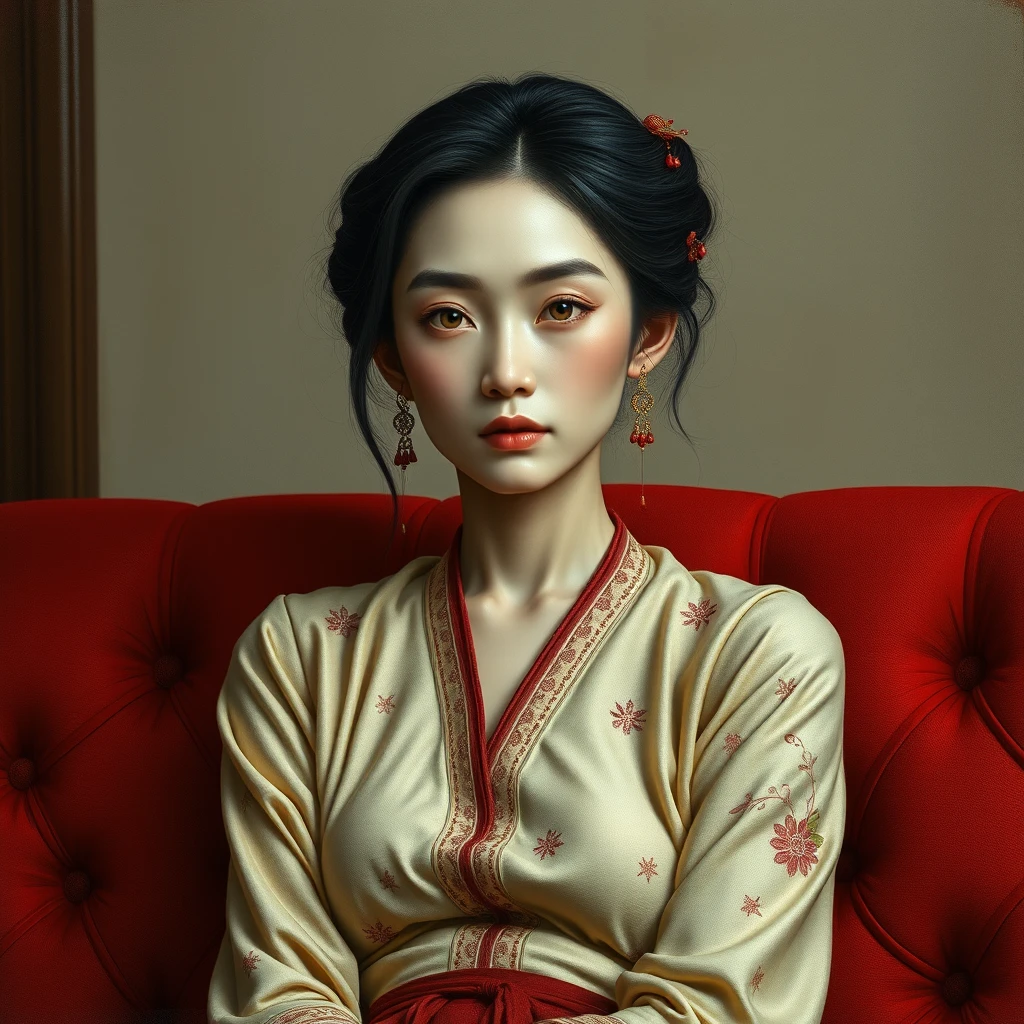 A chinese pale and gaunt lady sit on a red sofa, realistic style - Image