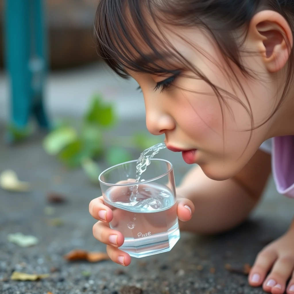 bueatiful teen girl drinks water on the ground like a cat.