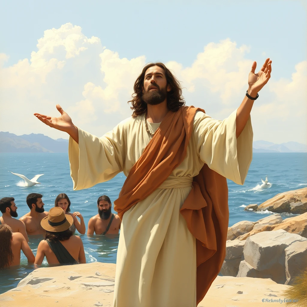 Jesus preaches at the Sea of Galilee.