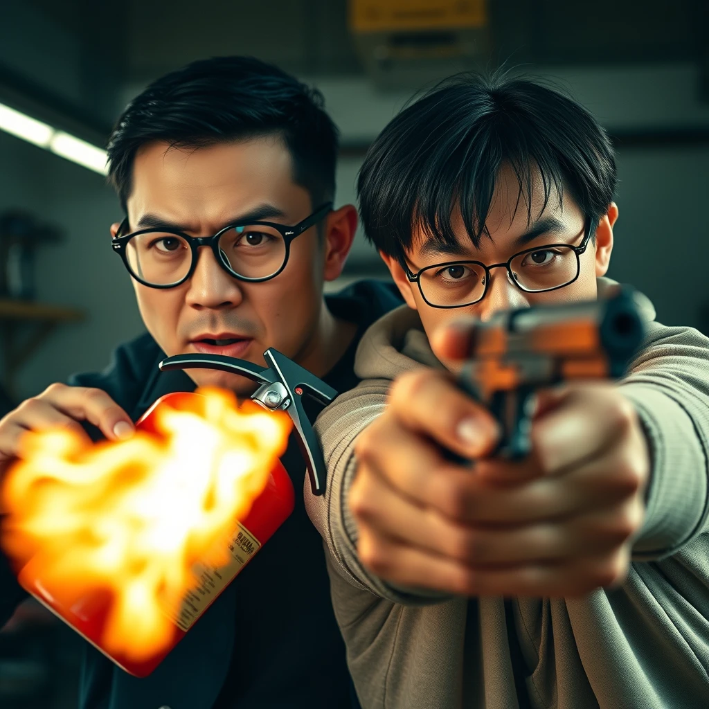 I want a 2-person set; they are two men, both close to each other like a cool action film trailer. They look around 20 years old and appear really angry with murderous intent, and the scene is set in a garage. 

The first man is a European white man with short black hair. He wears round prescription glasses and is holding a very large fire extinguisher that shoots flames like a flamethrower. 

The second man is an Asian man with a thin, long face, mid to long hair with a fringe, and he wears square prescription glasses. He is holding a pistol aimed at the screen.