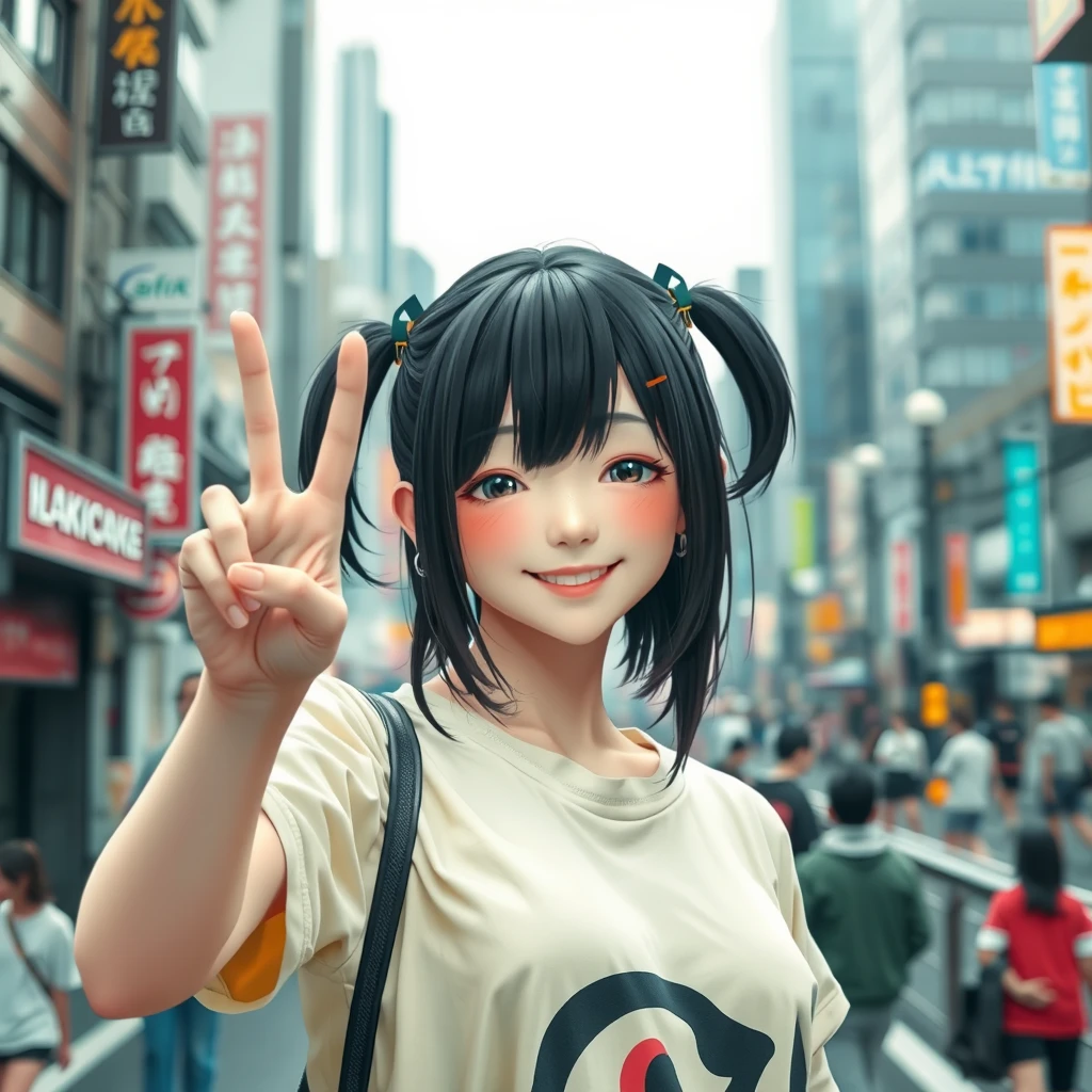 Photo of a Japanese girl, holding up a peace sign, smiling, with a cyberpunk city background.