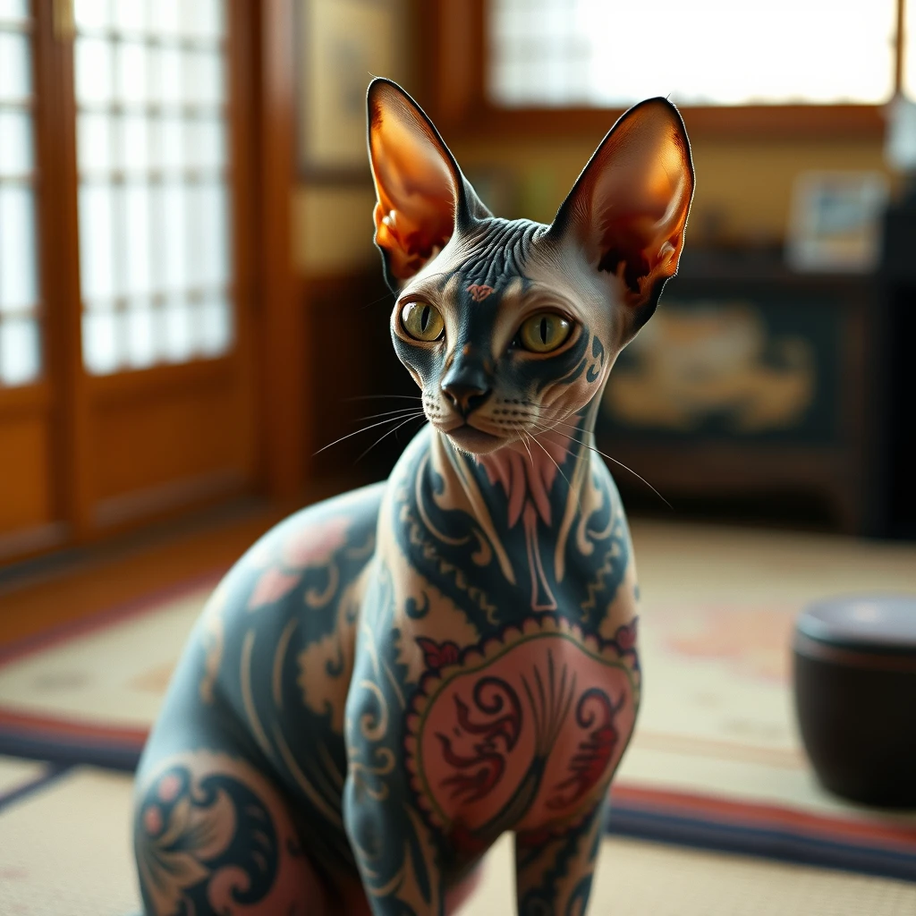 Photograph of a yakuza hairless sphinx cat with colorful Japanese tribal irezumi tattoos, sitting in a Japanese room, warm light, taken with a medium format camera.