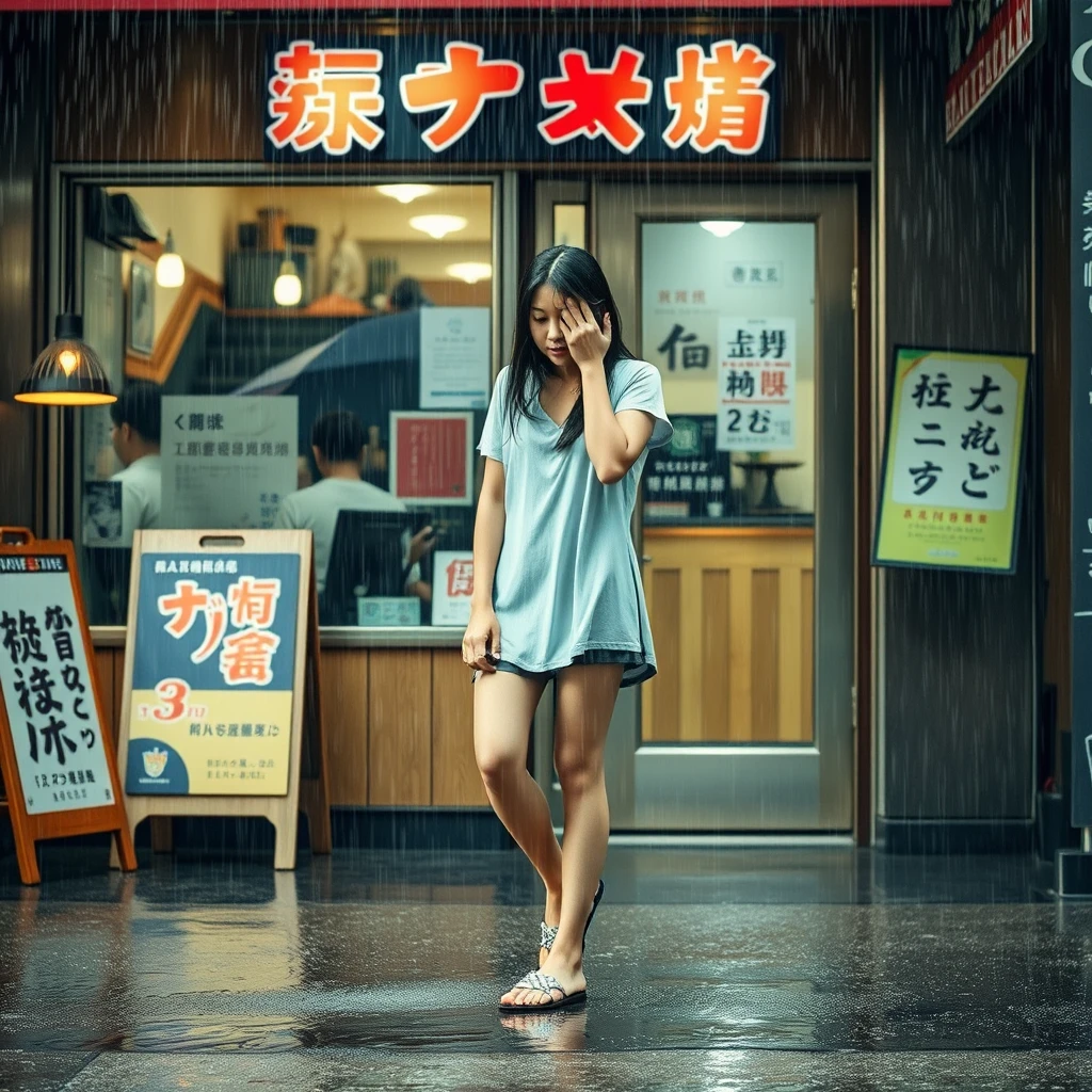 A young woman is outside a restaurant, caught in a heavy rain, and you can see her shoes. She is drenched from the rain, and there is a sign outside the restaurant where the words can be clearly seen, which includes Chinese characters or Japanese. - Image