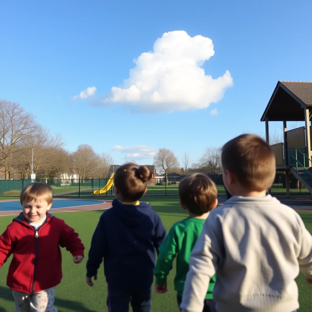 Children playing in a playground on a clear day with a single cloud in the shape of a dinosaur.