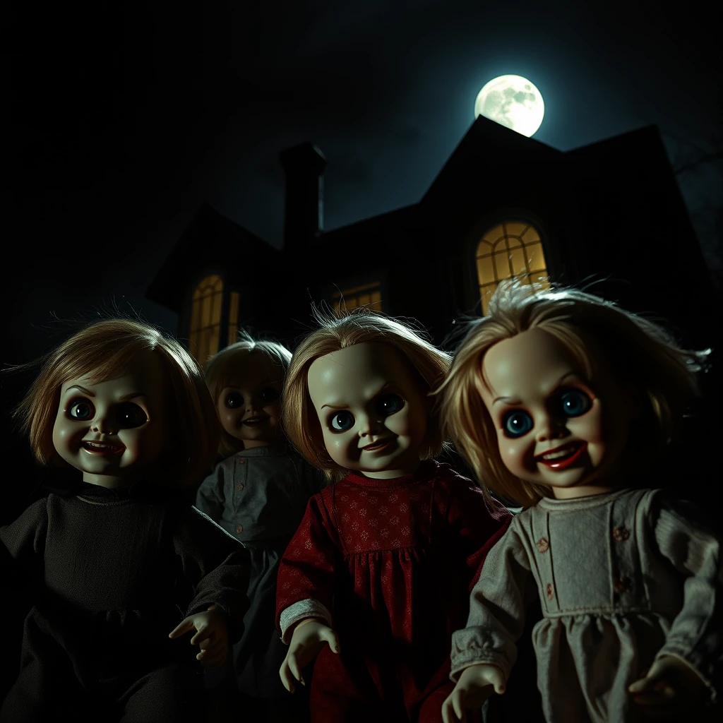 A chilling, moonlit nightmare unfolds as inanimate toy dolls, now imbued with sinister life, prowl the shadows of a darkened family home. Under the silvery glow of a full moon, the dolls, with their beady eyes and eerie grins, stalk the unsuspecting family, their lifelike movements adding to the suspense and unease. The house, shrouded in darkness, echoes with the whispers of the past, creating a haunting tableau that blurs the line between reality and nightmare. - Image