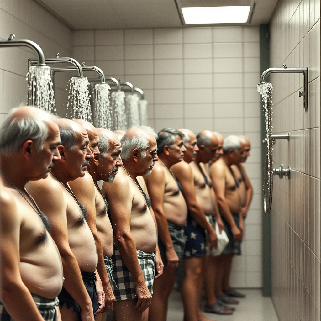 20 old men standing in line showering at YMCA; they are pressing against each other. - Image