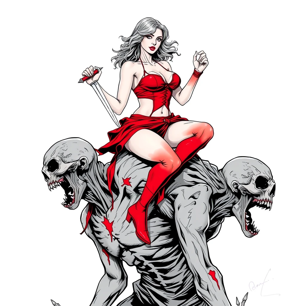 A tall mature woman in red sexy battle leather underwear rides on a zombie's shoulder with her legs open, holding a dagger and stabbing the dagger into the zombie's head, line art.