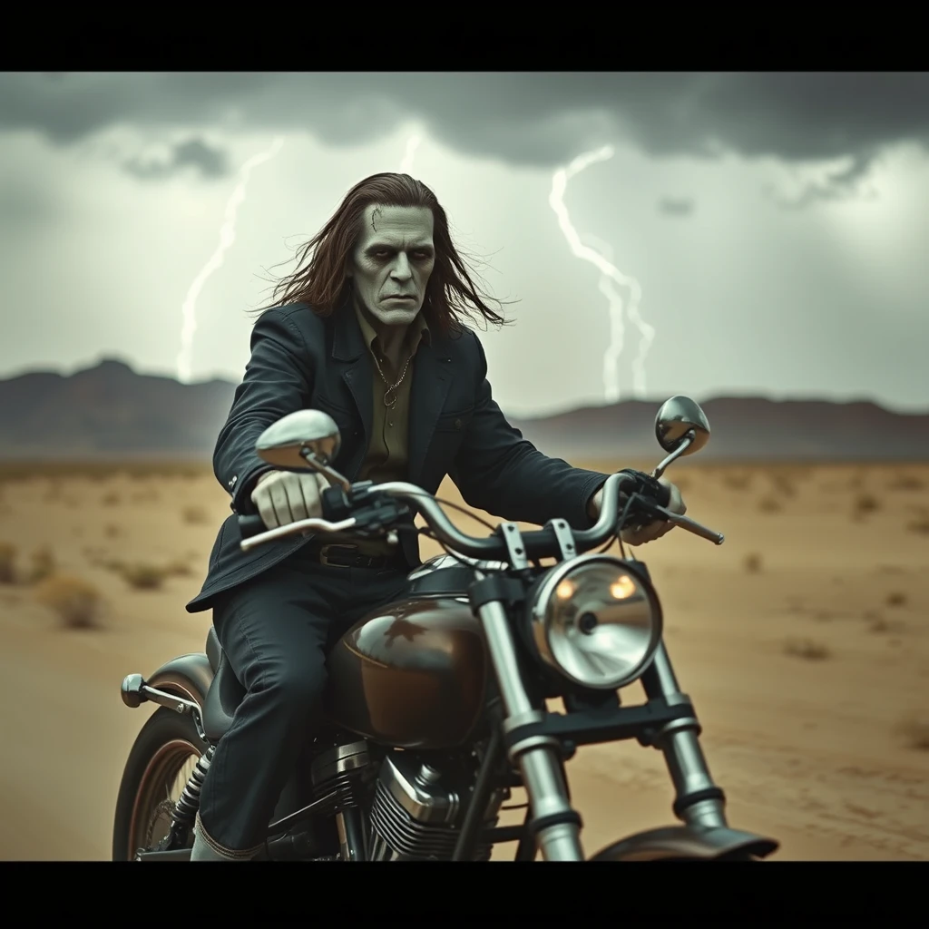 Boris Karloff as the biker Frankenstein with long hair, riding his chopper, a storm is coming across the desert, photo-realistic, 4k. - Image