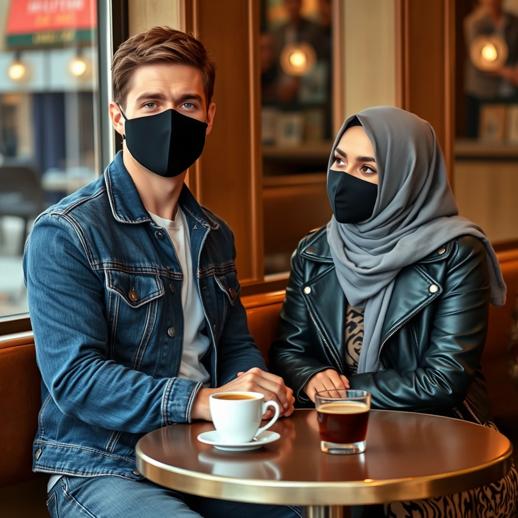 Jamie Dornan's head and body shot, handsome, black face mask, blue jeans jacket, jeans, dating a Muslim girl with a grey hijab, beautiful eyes, black face mask, black leather jacket, the biggest tiger pattern skirt, at a cafe, 2 cups of espresso on the table, photorealistic. - Image