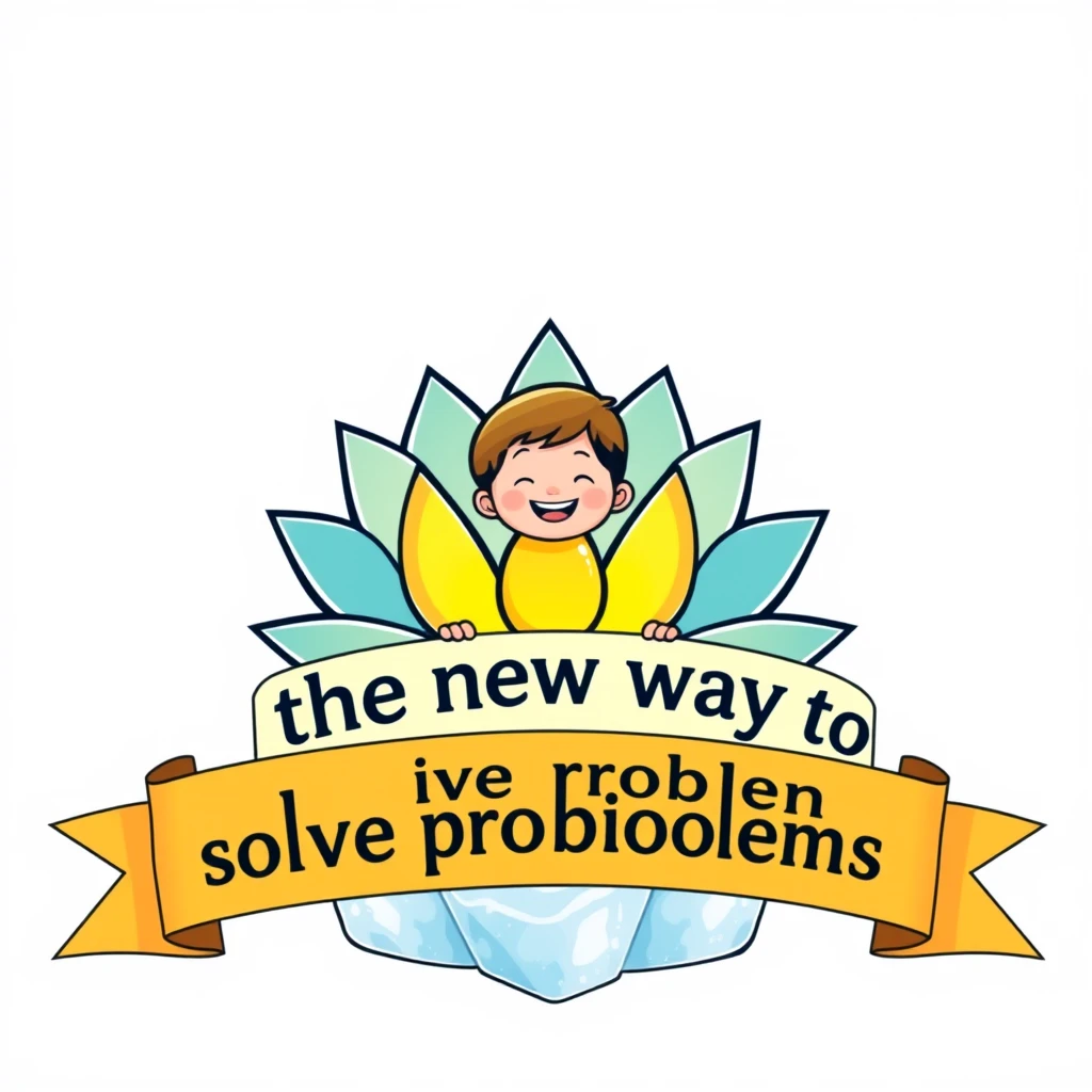 A logo of a lotus on ice with a big banner reading "the new way to solve problems" with a kid holding it and smiling. - Image