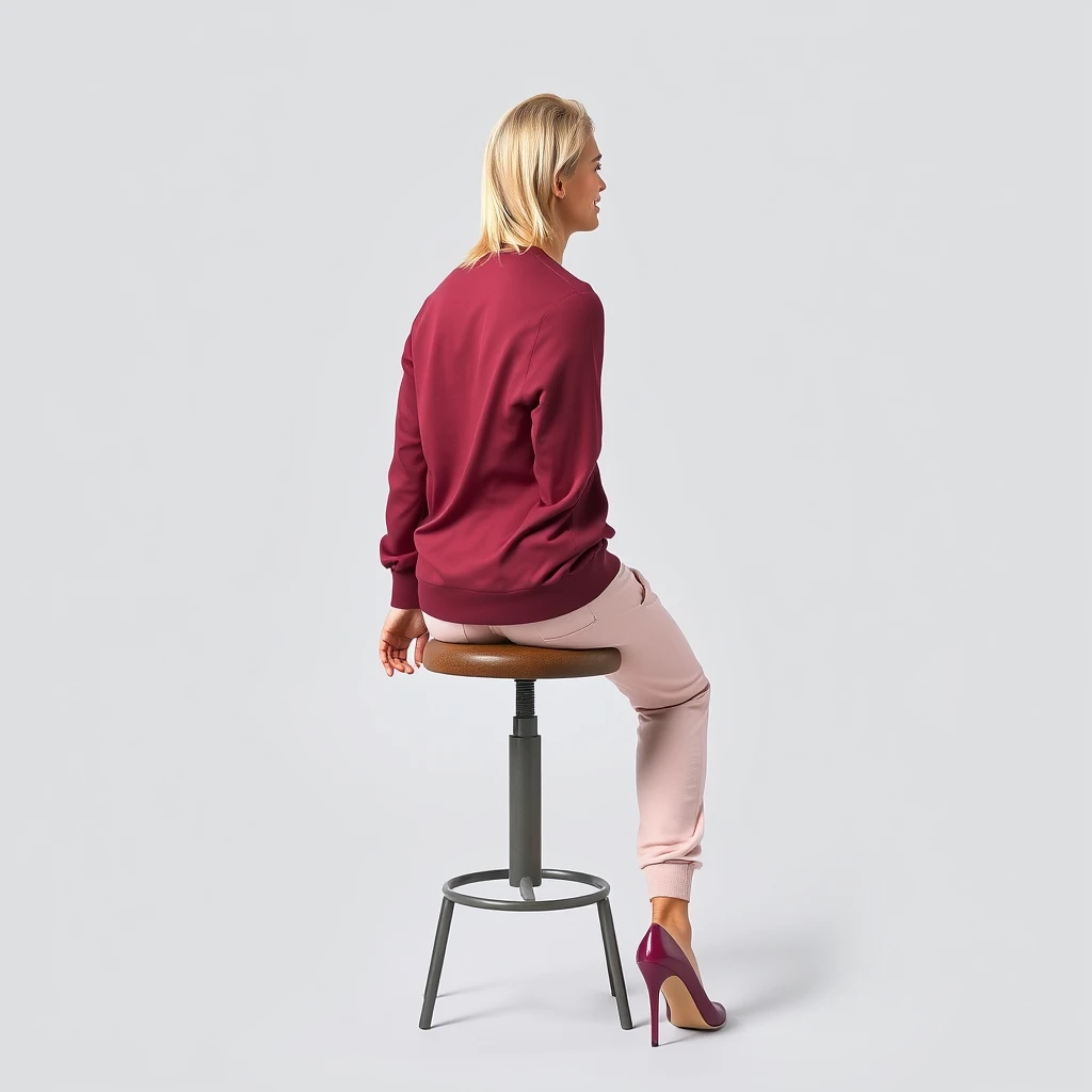 Shot from the back. Photo of a young male sitting on a stool against a solid light gray background. He is wearing a dark pink blouse and light pink sweatpants with dark pink high heels. His long platinum blonde hair is straight and falls over his shoulders. He is sitting and facing the camera directly smiling, with his arms relaxed by his sides and his feet slightly apart. The lighting highlights his toned physique and balanced posture, creating a sharp contrast between his figure and the light gray backdrop. The overall composition is minimalistic, focusing attention entirely on the subject. - Image