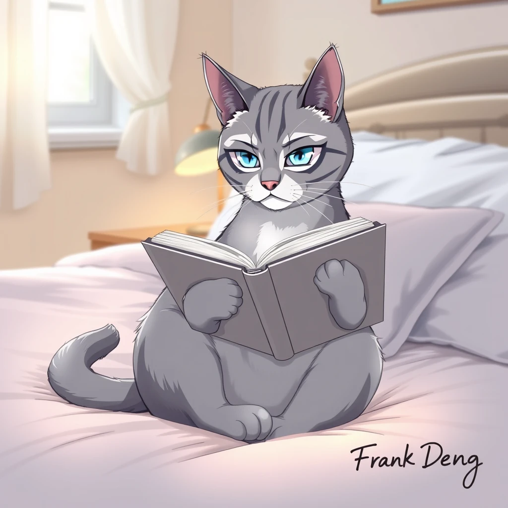 Subject: A silver cat with aloof expression sitting on the bed reading a book.  
Character: An anime style silver tabby cat with sleek fur, icy blue eyes, and a generally aloof expression. The cat is sitting upright on a bed with its legs crossed, holding a book open with one paw and resting the other on the page. Its tail is curled neatly around its body.  
Clothing: None, the cat is not wearing any clothes.  
Action: The cat is engrossed in reading, its gaze focused intently on the pages of the book.  
Background: A cozy bedroom with soft lighting. The bed is neatly made with a fluffy comforter and pillows. There might be a window in the background with soft sunlight streaming in.  
Signature: "Frank Deng" written in a stylish, legible font, perhaps in the bottom right corner of the image.  
Style: Anime style with clean lines and vibrant colors. The overall mood should be calm and serene, reflecting the cat's focused concentration.  
Lighting: Soft, warm lighting, perhaps coming from a bedside lamp, creating a gentle glow around the cat and the book.  
Details: Pay attention to the details of the cat's fur, the texture of the bed linens, and the intricate details of the book cover. The cat's expression should convey a sense of intelligence and focus.  
Color Palette: Predominantly cool tones with hints of warm colors in the lighting and background. The silver of the cat's fur should be the dominant color. - Image