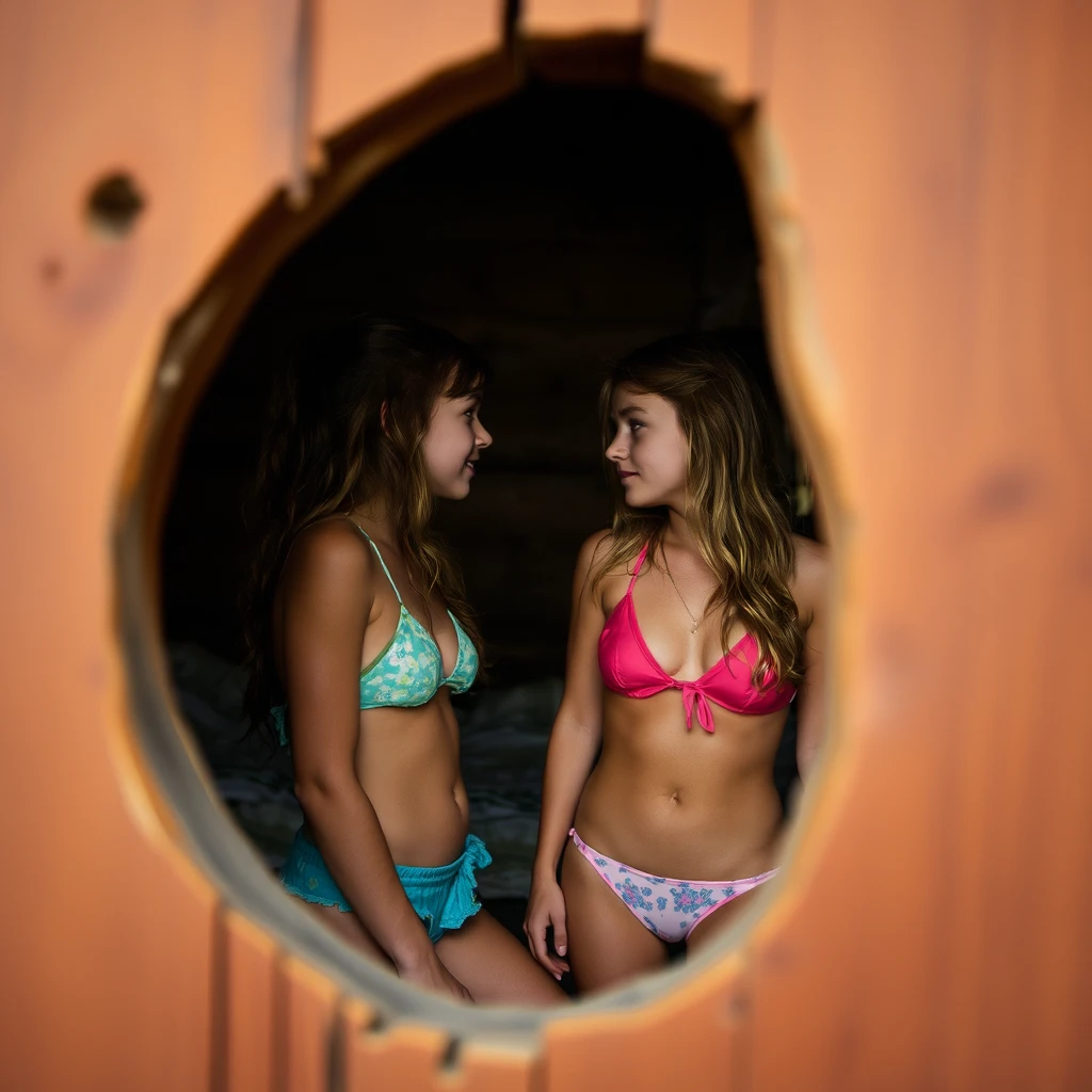 Peeking through a knothole at two summer campers in a dim, rustic girls' cabin who gaze longingly at each other as they compare who has the more revealing bikini. - Image