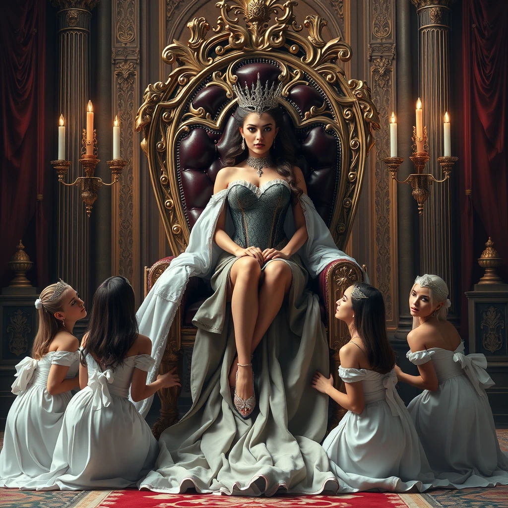 The voluptuous and sexy beautiful queen sits on a luxurious and exquisite throne, which is raised by several kneeling maids.