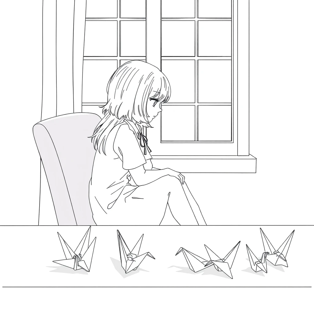 A girl sits on the chair, sadly looking out of the window; there are origami cranes on the table, pure line art.