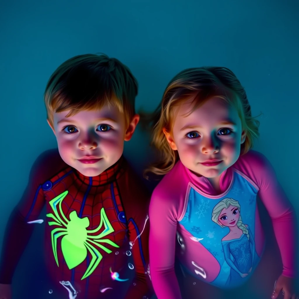 four year old twins, boy and girl. light brown hair and hazel eyes. Finnish looking. boy has spiderman uv swimming suit and girl has disney's frozen uv swimming suit. they are swimming in ice cream. - Image