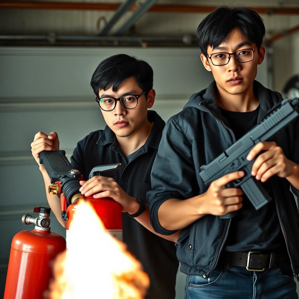 21-year-old very fair-skinned Italian man, wearing round glasses, with short black hair, holding a very large fire extinguisher flamethrower. And a 21-year-old Northern Chinese man, with a thin long face, wearing square glasses, with mid/long fringe black hair, holding a Glock. Both are angry; with murderous intent, in a garage setting.