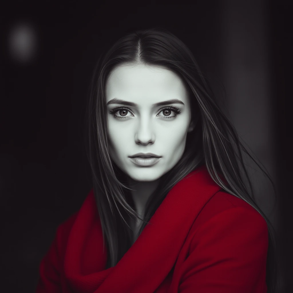 Monochrome in red portrait of a beautiful lone woman - Image