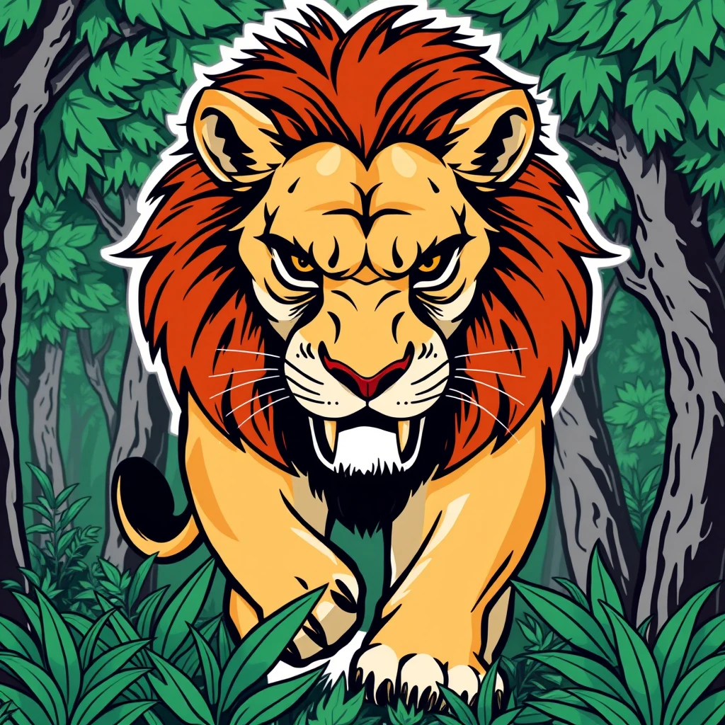 a aggressive lion in forest, vector sticker, contour, Traditional animation style, adobe illustrator, pure clean bright solid background - Image