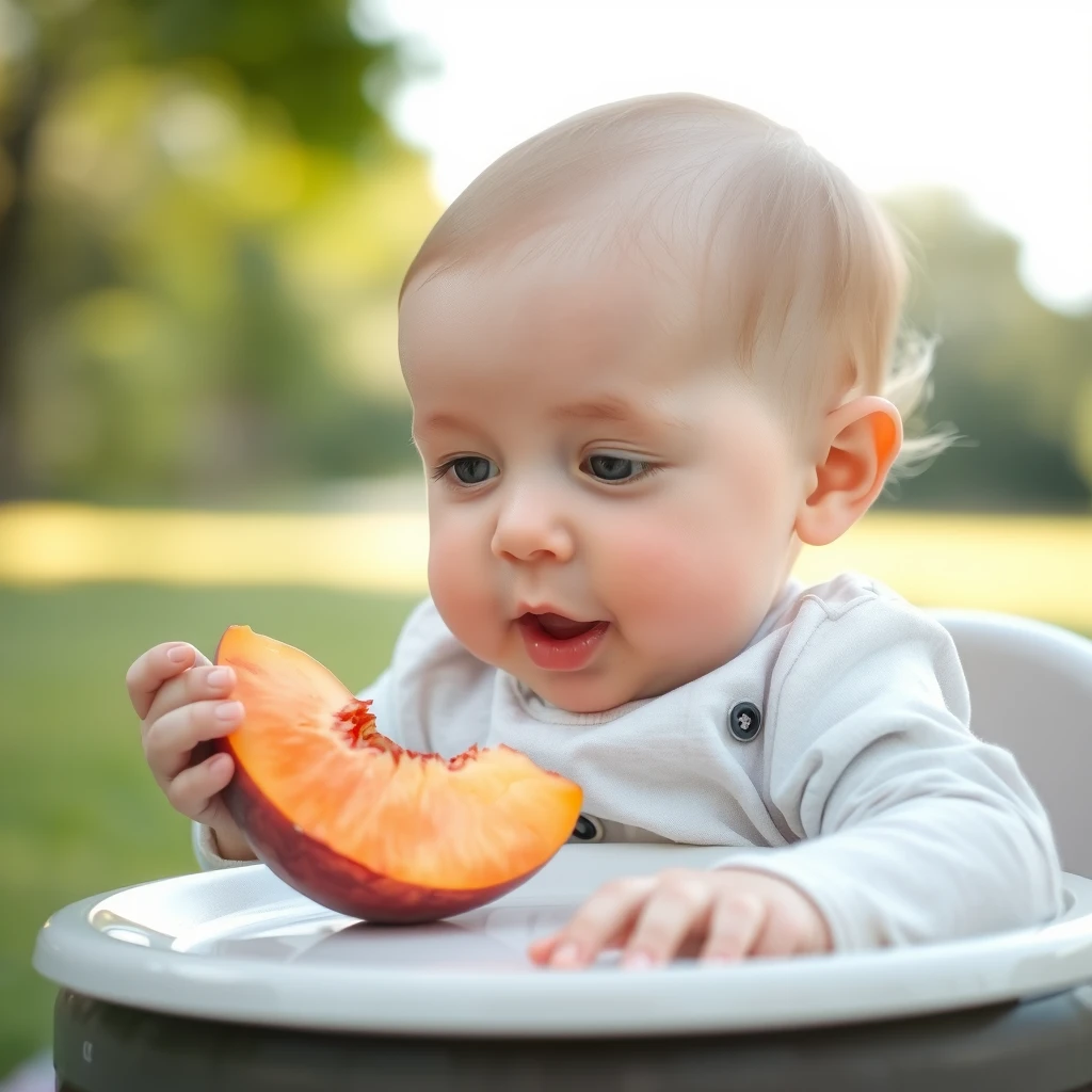 A baby enjoying a fresh slice of peach. - Image