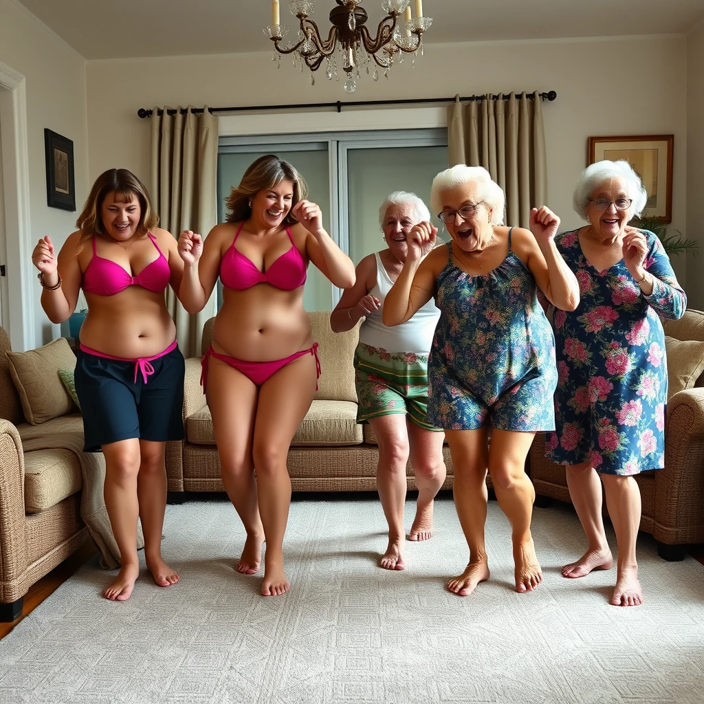 Four large women in bikinis in the living room dancing: a daughter aged 25, a mom aged 50, a grandmother aged 75, and a great-grandmother aged 95.