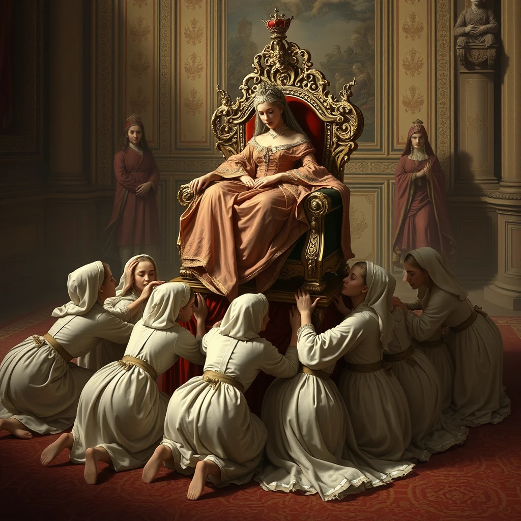 A group of palace maids is kneeling and crawling, carrying a luxurious throne, while the empress sits on top resting. - Image