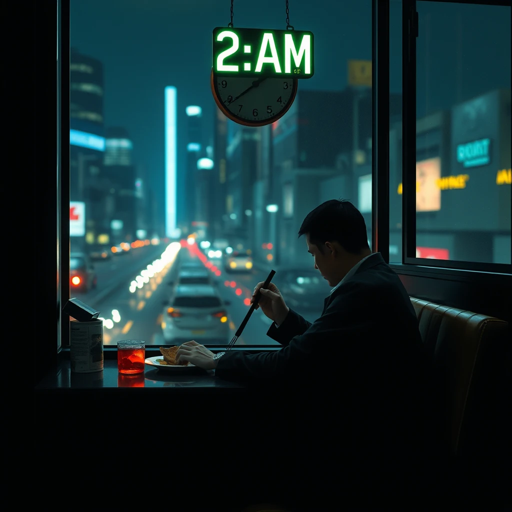 At 2 AM, a office worker is eating at a window seat in a restaurant, with the city night scene outside, in a cyberpunk style. - Image