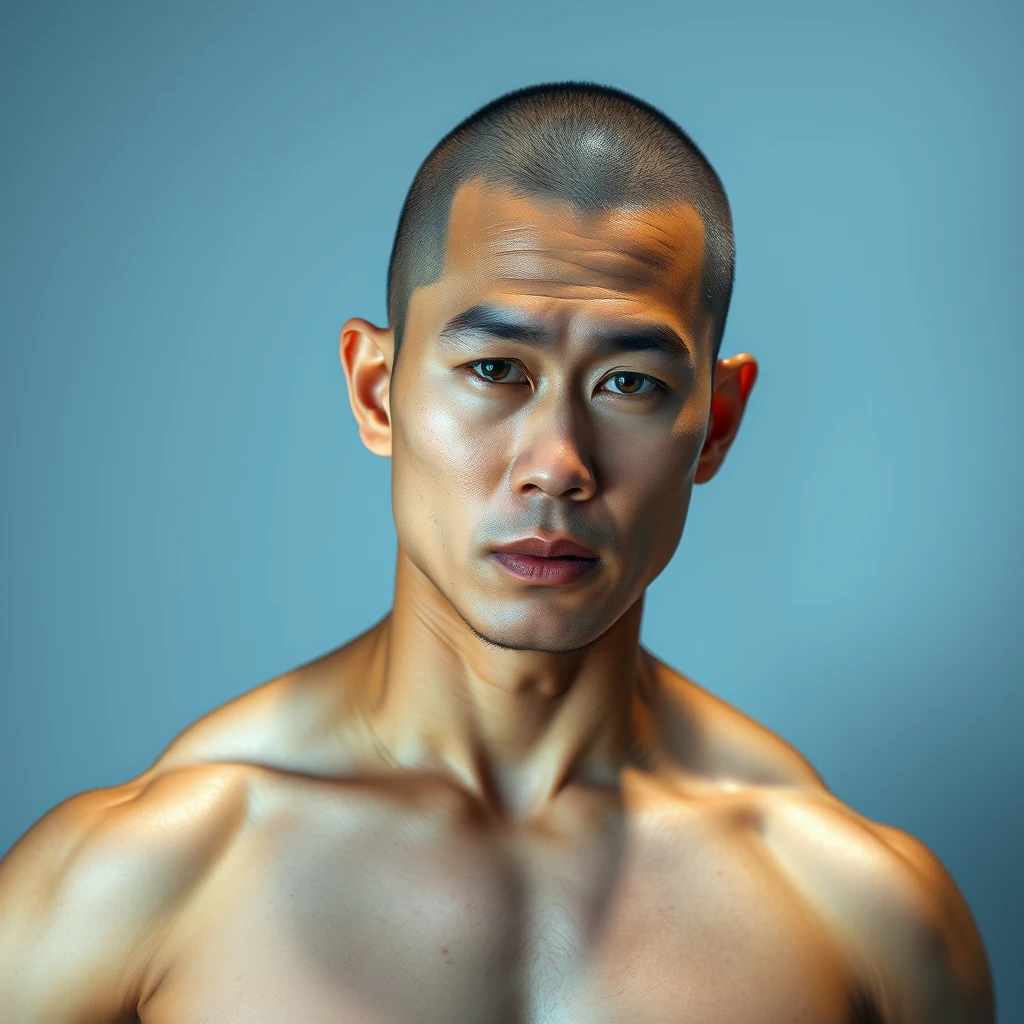 A full body portrait of a muscular Asian male with a buzz cut, 32k UHD, realistic.