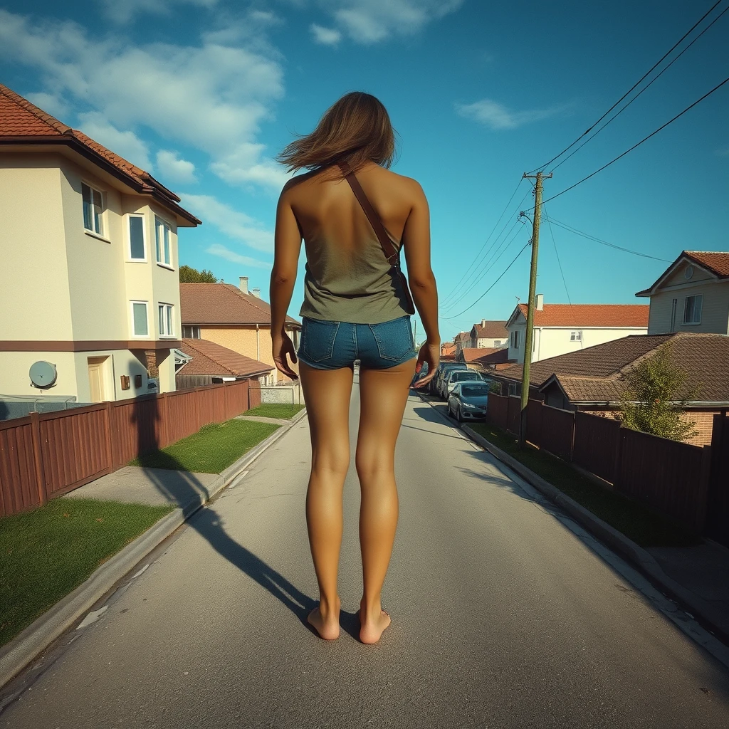 view from above, 50 meter tall giant woman standing in neighborhood street barefoot, realistic shadow