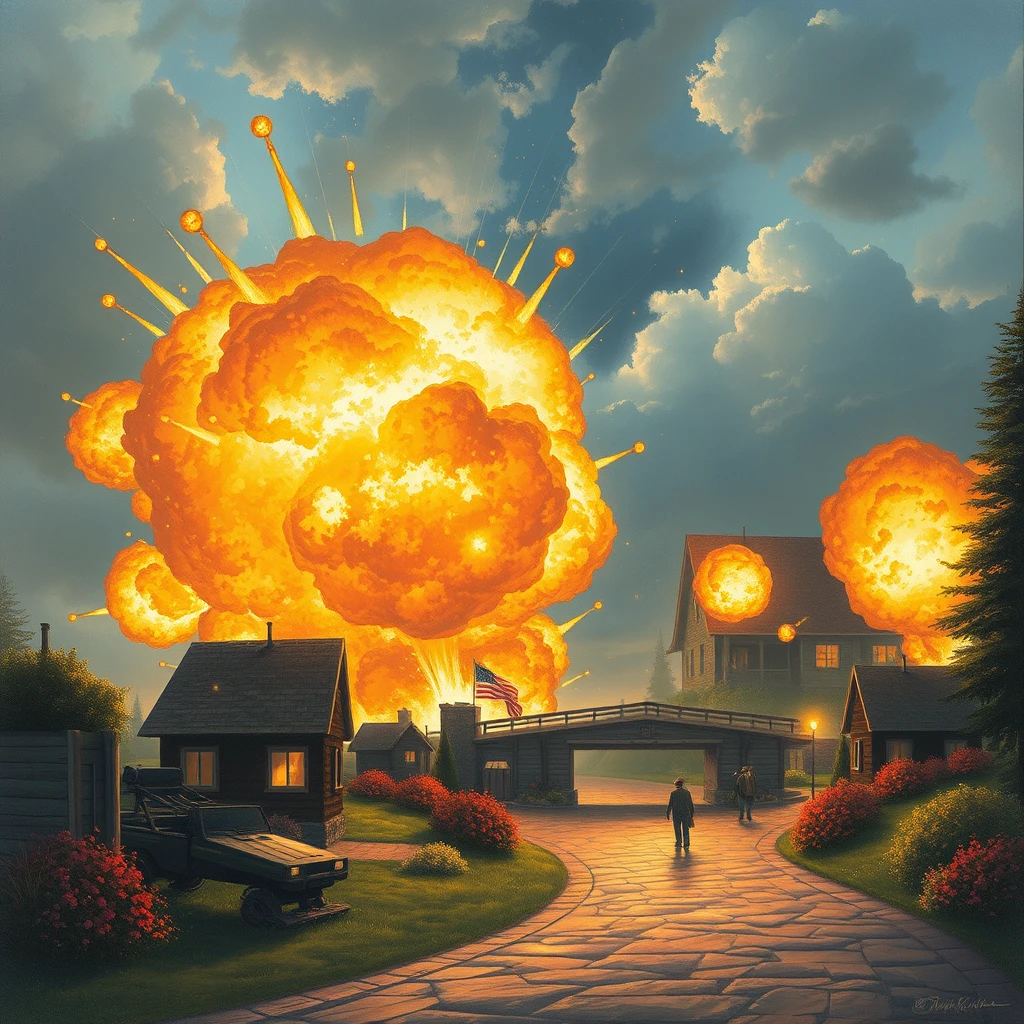 Michael Bay explosions in the style of Thomas Kinkade.