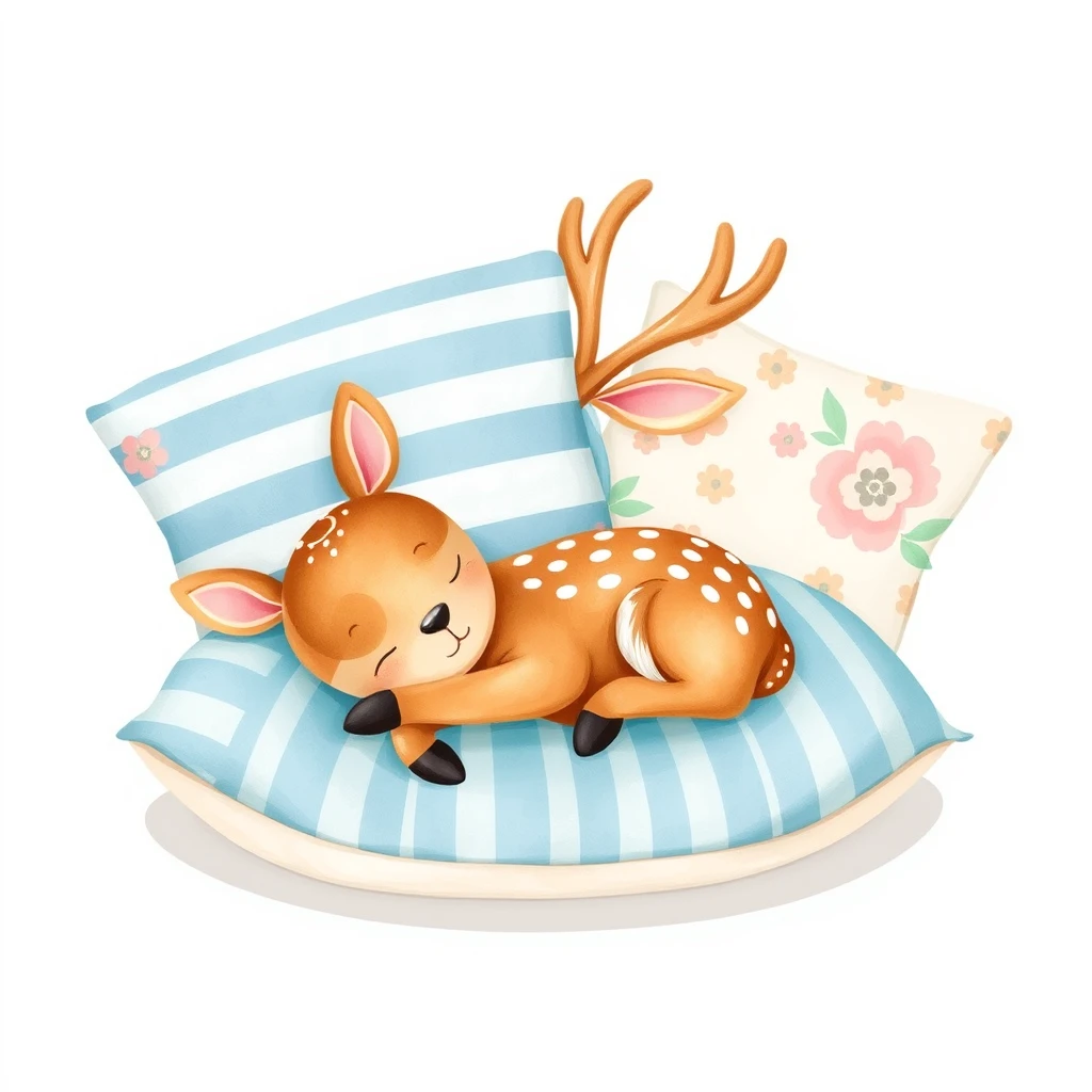 Cute deer sleeping on a pillow, surrounded by blue and white striped pillows with floral patterns, on a light gray background, in the vector illustration style, with a flat simple design, using a high saturation color scheme, showing the natural expression of the character, creating a warm atmosphere, with a watercolor painting effect, of a cute cartoon character. --ar 3:4