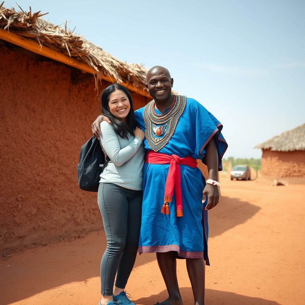 This is a photograph capturing a joyful moment between two people standing in front of a traditional mud-brick hut with a thatched roof, likely in a rural African setting. The person on the left is a woman with long black hair, wearing a light gray long-sleeve shirt, dark gray pants, and blue athletic shoes. She has a black backpack and is smiling broadly, with her arm around the person on the right.

The person on the right is a man with a shaved head, wearing a vibrant blue robe adorned with intricate beadwork and a red sash around the waist. He also wears a white wristband and a red bracelet on his right wrist. The man is smiling and appears to be enjoying the moment.

The background features the textured, rough surface of the mud hut, with a thatched roof made from dried grass. The ground is reddish-brown and dusty. The sky above is clear and blue, suggesting a sunny day. The overall atmosphere of the image is warm and friendly, highlighting the cultural diversity and camaraderie between the two individuals. - Image