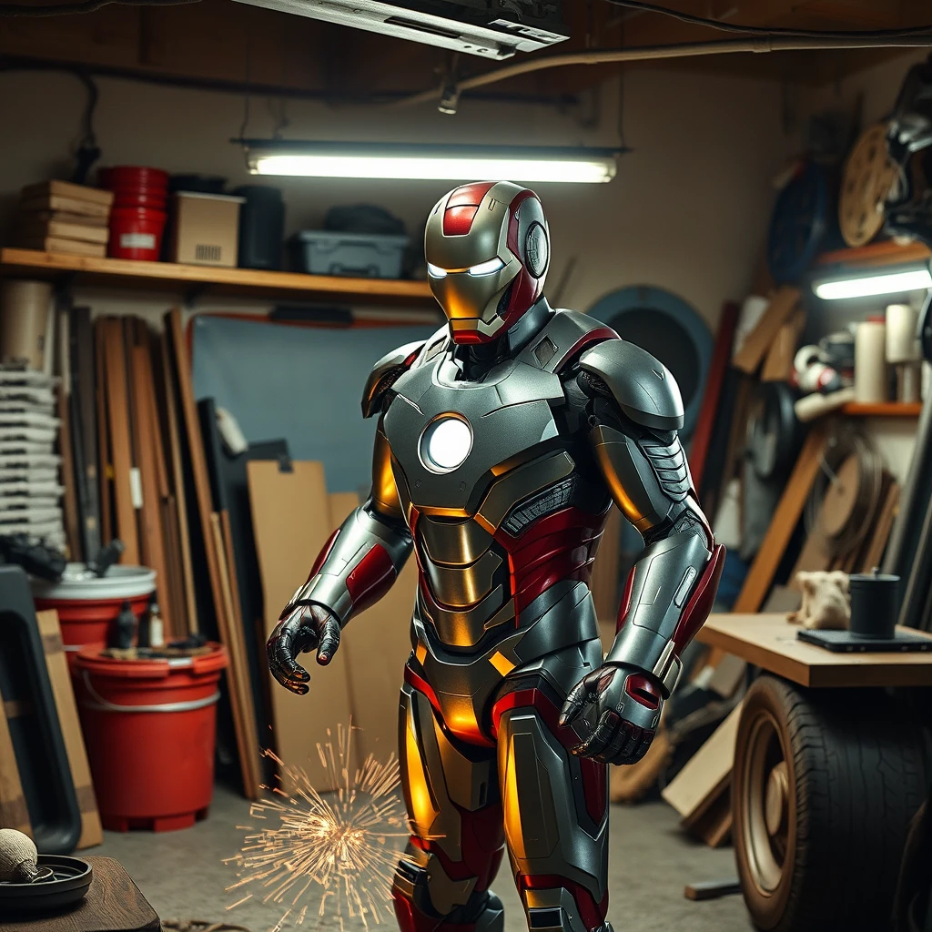 create a picture of a man building an iron-man suit from scratch in his own garage - Image