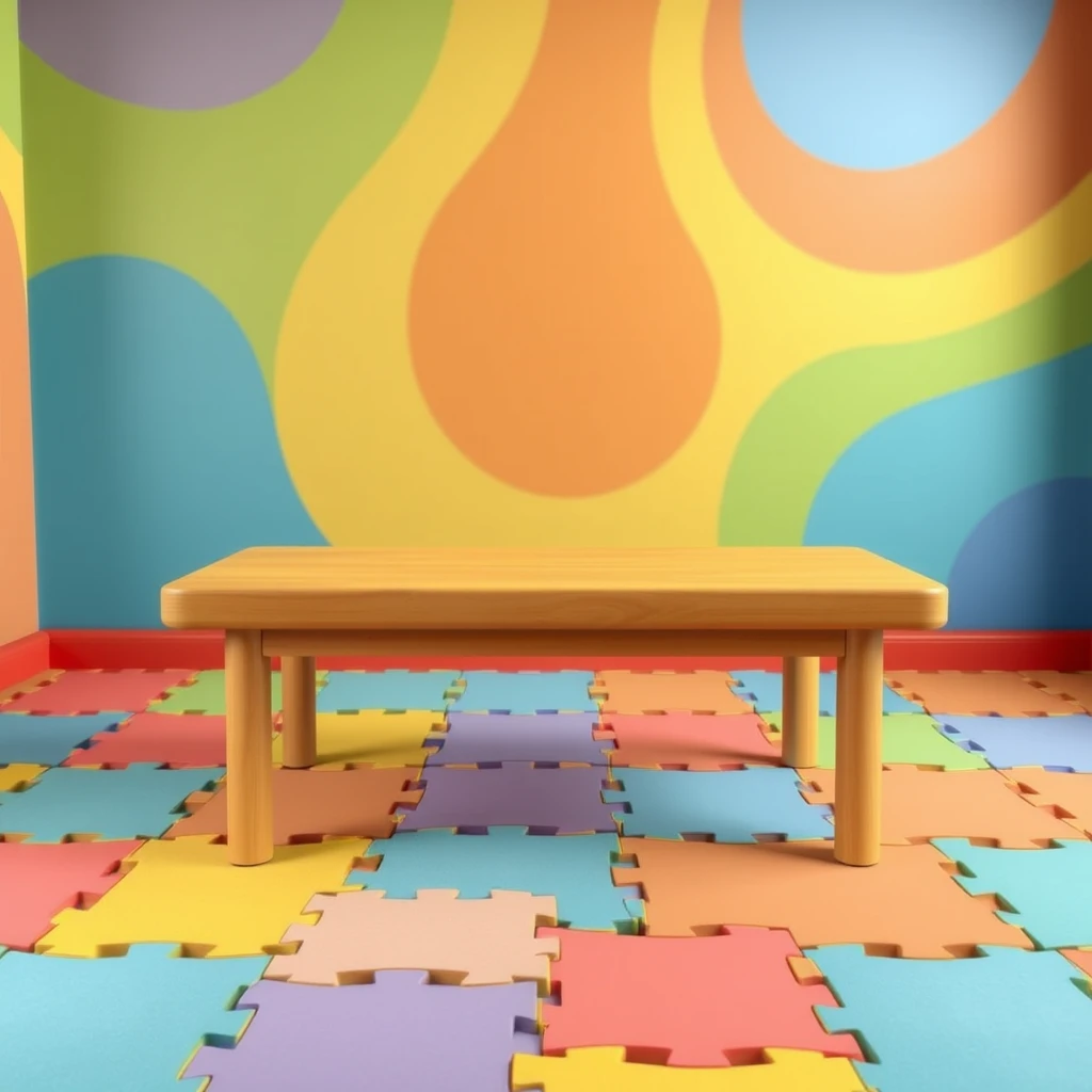 Create a playful and colorful background resembling a table. The background should include soft, padded flooring with a pattern of interlocking foam mats. The overall atmosphere should be fun, light-hearted, and engaging, suitable for a digital game environment.